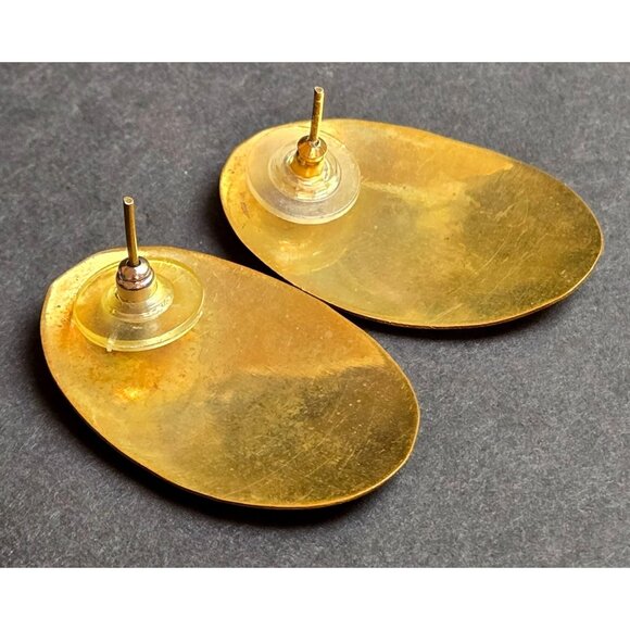 Vintage Floral Oval Brass Copper Pierced Earrings Etched Flower Design 1" x 1.5" - Picture 4 of 7